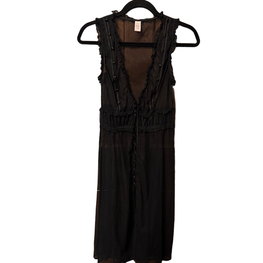 Victoria's Secret Black Sheer Satin Button Dress Gown Lingerie Ruffled Detail